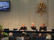 Fr. Federico Lombardi (center) holds a press conference on March 8, 2013 in the Vatican Press Office. 