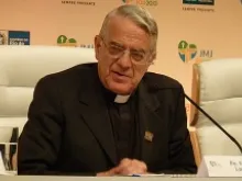 Fr. Federico Lombardi at the July 22 press conference at the WYD 2013 media center in Rio. Michelle Bauman/CNA.