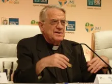 Fr. Federico Lombardi at the July 22, 2013 press conference at the WYD media center in Rio de Janeiro. 