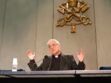 Fr. Federico Lombardi speaks to the media at the Vatican press office on Feb. 11, 2013. 