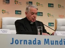 Fr. Federico Lombardi speaks during a press conference in Brazil. 