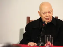 Fr. Gabriel Amorth, who died Sept. 16, speaks to CNA in 2013. 
