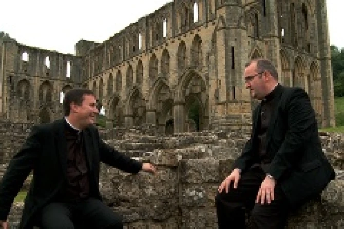Fr Holden and Fr Scholfield at the ruins of Rievaulx Abbey from Faith of our Fathers Credit St Anthony Communications CNA 10 10 13