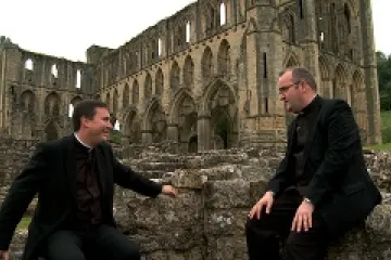 Fr Holden and Fr Scholfield at the ruins of Rievaulx Abbey from Faith of our Fathers Credit St Anthony Communications CNA 10 10 13