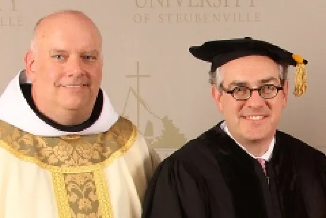 Fr Sean Sheridan TOR president of Franciscan University of Steubenville with honorary degree recipient Michael P Warsaw on May 9 2014 Photo courtesy of EWTN CNA 5 13 14