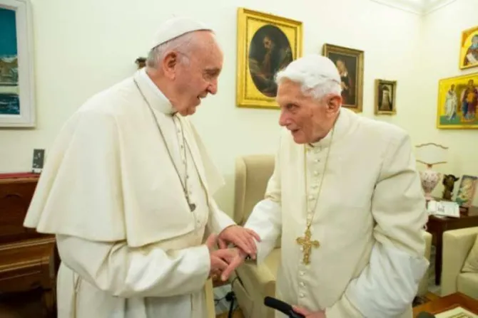 Francis greets Benedict Dec 21 2018 Credit Vatican Media CNA Size