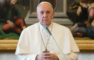 Pope Francis gives his Wednesday audience message on March 18, 2020.   Vatican Media.