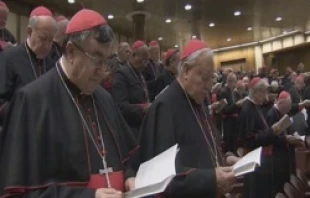 Cardinals pray during their second general meeting on March 4, 2013 in the Vatican's New Synod Hall.   CNA file photo.