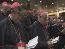Cardinals pray during their second general meeting on March 4, 2013 in the Vatican's New Synod Hall. 