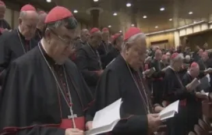 Cardinals pray during their second general meeting on March 4, 2013 in the Vatican's New Synod Hall.   CNA file photo.