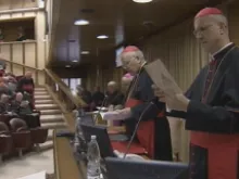 A screenshot of the cardinals' March 4, 2013 general congregation in the Vatican's New Synod Hall. 