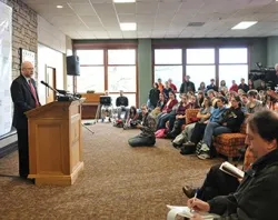 Geneva College president Ken Smith speaks at a press conference announcing the lawsuit. ?w=200&h=150