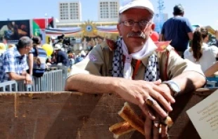 George Zenee watches over an entrance to Pope Francis Mass in Bethlehem's Manger Square on May 25, 2014   Lauren Cater/EWTN