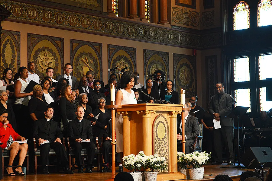 Sanda Green Thomas, president of GU272 Descendants Association, speaks at the Liturgy of Remembrance, Contrition and Hope at Georgetown University, April 18, 2017. ?w=200&h=150