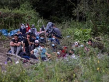 A group of migrants trapped at the border between Poland and Belarus, near the Polish village of Usnarz Górny.