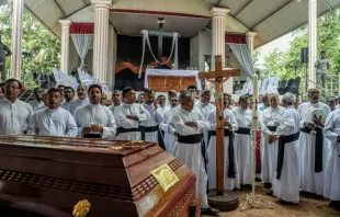 Sri Lankan Catholics held a funeral Mass April 23, 2019 for the victims of the attack on St. Sabestian Church in Negambo.   Atul Loke/Getty Images)
