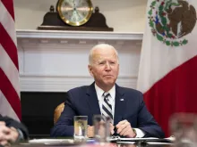 U.S. President Joe Biden listens while meeting virtually with Mexican President Andres Manuel Lopez Obrador, March 1, 2021. Credit: Anna Moneymaker/The New York Times/Bloomberg via Getty Images.