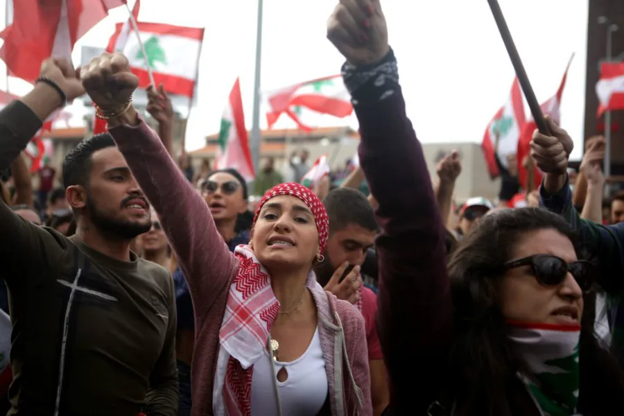 Lebanese protesters chant anti-government slogans in Jal al Dib Oct. 24, 2019. ?w=200&h=150