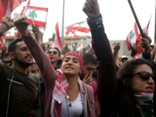 Lebanese protesters chant anti-government slogans in Jal al Dib Oct. 24, 2019. 