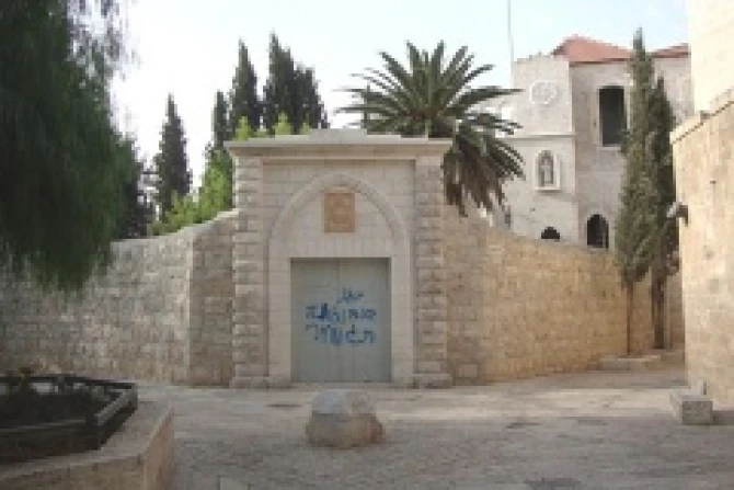 Graffiti marks the entrance of the Convent of Saint Francis on Mount Sion Credit Custodia Terrae Sanctae CNA500x320 World Catholic News 10 2 12