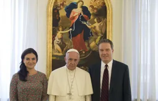 Greg Burke and Paloma Garcia Ovejero with Pope Francis July 11, 2016.   Vatican Media.