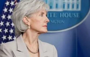 HHS Sec. Kathleen Sebelius listens as President Obama announces the contraceptive mandate at the White House, Jan. 12, 2012. Official White House Photo by Pete Souza. 