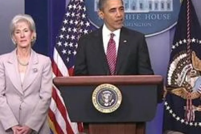 HHS Secretary Sebelius at the press conference on Preventive Health Services and Religious Institutions  Credit C SPAN CNA US Catholic News 2 10 12