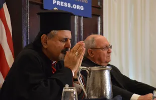 His Beatitude Ignatius Youssef III Younan (L) and Cardinal Leonardo Sandri at the National Press Club Sept. 9, 2014.   Addie Mena/CNA.