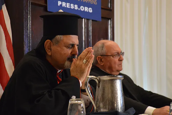 His Beatitude Ignatius Youssef III Younan L and Cardinal Leonardo Sandri at the National Press Club Sept 9 2014 Credit Addie Mena CNA CNA 9 9 14