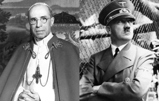 Hitler.   Everett Historical via www.shutterstock.com. Pope Pius XII. Public Domain.