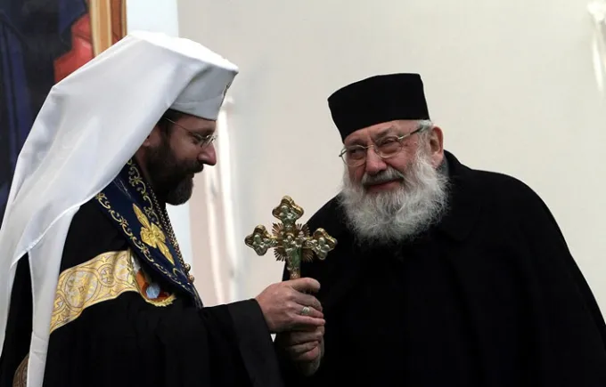Major Archbishop Sviatoslav Shevchuk (L) greets his predecessor, Cardinal Lubomyr Husar (R), who died May 31, 2017. Photo courtesy of the Ukrainian Archeparchy of Kyiv-Halych.?w=200&h=150