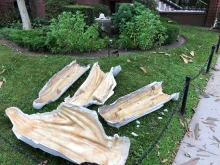 Remains of statues vandalized at Our Lady of Mercy parish in New York City, July17, 2021. Credit: Diocese of Brooklyn.