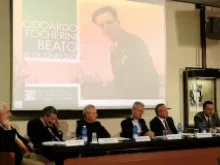 Francesco Manicardi (far right) speaks about his grandfather during the June 4, 2013 press conference in Vatican Radio's Marconi Hall. 