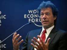 Imran Khan, now the prime minister of Pakistan, speaks at the World Economic Forum in Davos, Switzerland, Jan. 26, 2012. 