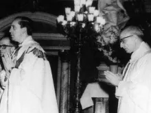 In an undated file photo, Jorge Mario Bergoglio (L) celebrates Mass with Jesuit superior general Pedro Arrupe. 
