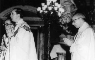 In an undated file photo, Jorge Mario Bergoglio (L) celebrates Mass with Jesuit superior general Pedro Arrupe.   Jesuit General Curia via Getty Images