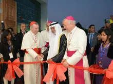 (L-R) Cardinal Parolin, Nahyan bin Mubarak Al Nahyan, and Bishop Hinder assist in the ribbon cutting at the inauguration of St. Paul parish in Mussafah, Abu Dhabi, UAE, June 11, 2015. 