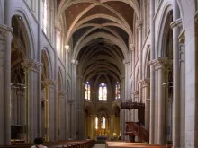 The interior of the Basilica of Our Lady of Geneva in Switzerland. 