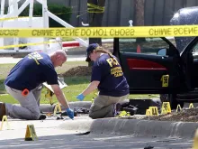 Investigators work on a crime scene outside of Curtis Culwell Center after a shooting on May 4, 2015 in Garland, Texas. 