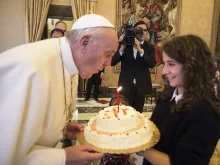Italian lay movement Azione Cattolica presents a birthday cake to Pope Francis on his birthday, Dec. 17, 2015. 