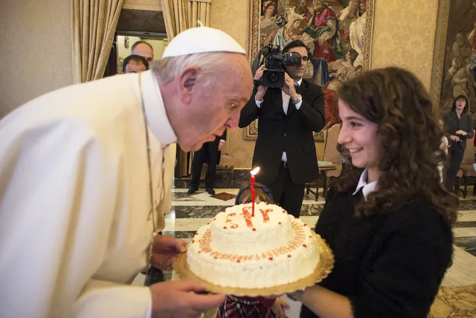 Italian lay movement Azione Cattolica presents a birthday cake to Pope Francis on his birthday Dec 17 2015 Credit LOsservatore Romano CNA 12 17 15