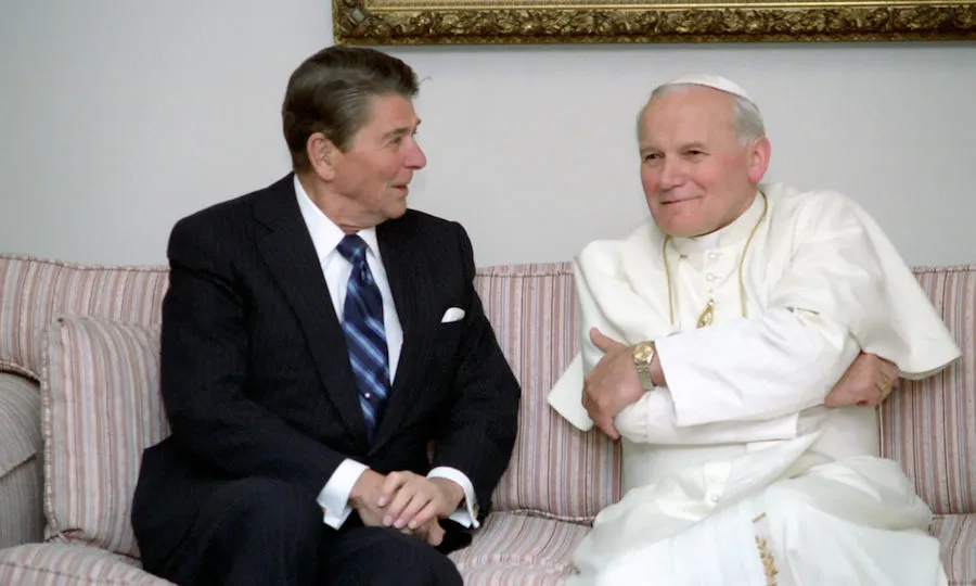 U.S. President Ronald Reagan talks with Pope St. John Paul II. Courtesy U.S. Embassy to the Holy See?w=200&h=150