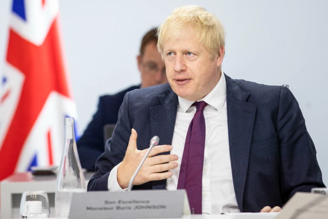 British Prime Minister Boris Johnson speaks at the G7 summit in Biarritz, France, in 2019