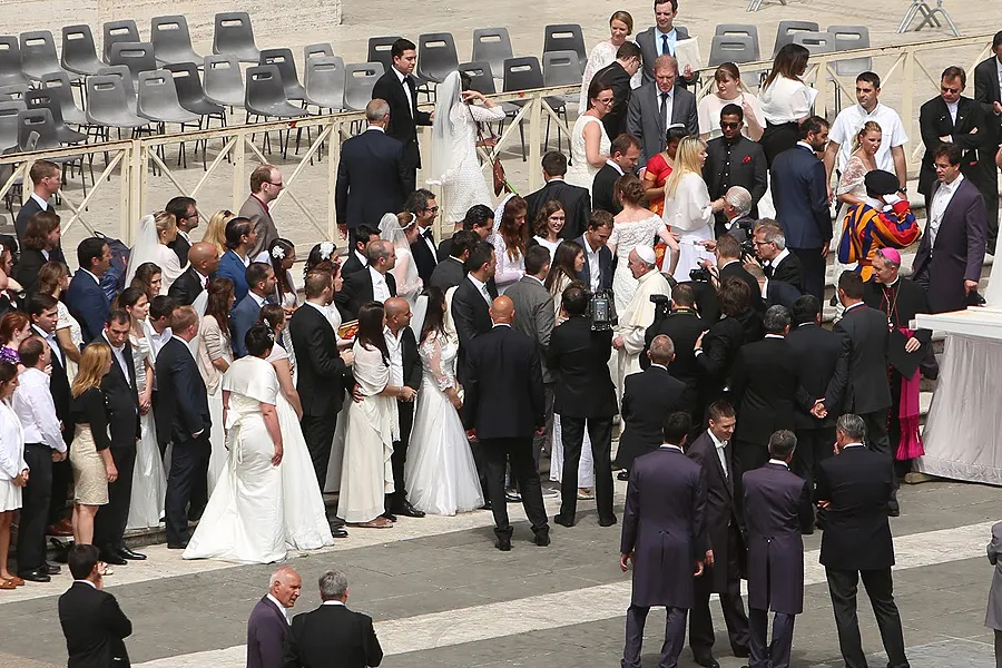 Newly married couples at St. Peter's Square awaiting to be blessed by Pope Francis, May 6, 2015. ?w=200&h=150