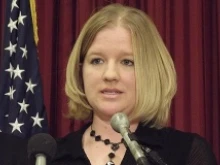 Kellie Stauffer at a press conference on the 40th anniversary of Roe v. Wade. 