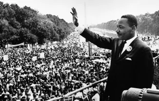 Martin Luther King Jr. addresses a crowd from the steps of the Lincoln Memorial where he delivered his famous I Have a Dream speech during the Aug 28 1963 march on Washington DC. null