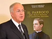 Knights of Columbus Supreme Knight Carl Anderson discusses the new book on Fr. Michael McGivney in Rome, June 26, 2014. 