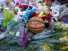 Basketballs are seen outside Bryant Gymnasium at Lower Merion High School, where Kobe Bryant, after his death, on Jan. 27, 2020  