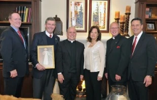 (L-R) CEO Kevin Lundy, John Fitzpatrick, Archbishop Samuel J. Aquila, Barb Fitzpatrick, Deacon Alan Rastrelli M.D., and Mark Skender.   James Baca/Divine Mercy.