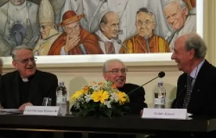 (L-R) Fr. Federico Lombardi, Cardinal Giovanni Re, and Guido Gusso at the Vatican Radio presentation, April 1, 2014.   Lucia Fiore/CNA.